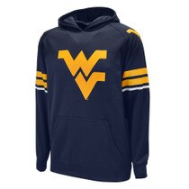 Navy WVU hoodie with gold and white sleeve stripes, large gold Flying WV on chest, and gold Flying WV on shoulders